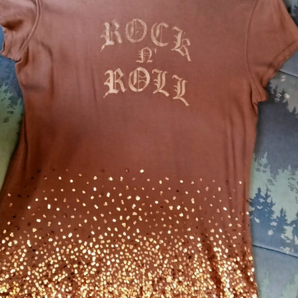 Cool Shimmery Maurice’s Copper Gold Sequins Rock-n-Roll Brown Short Sleeve Top - Picture 3 of 16